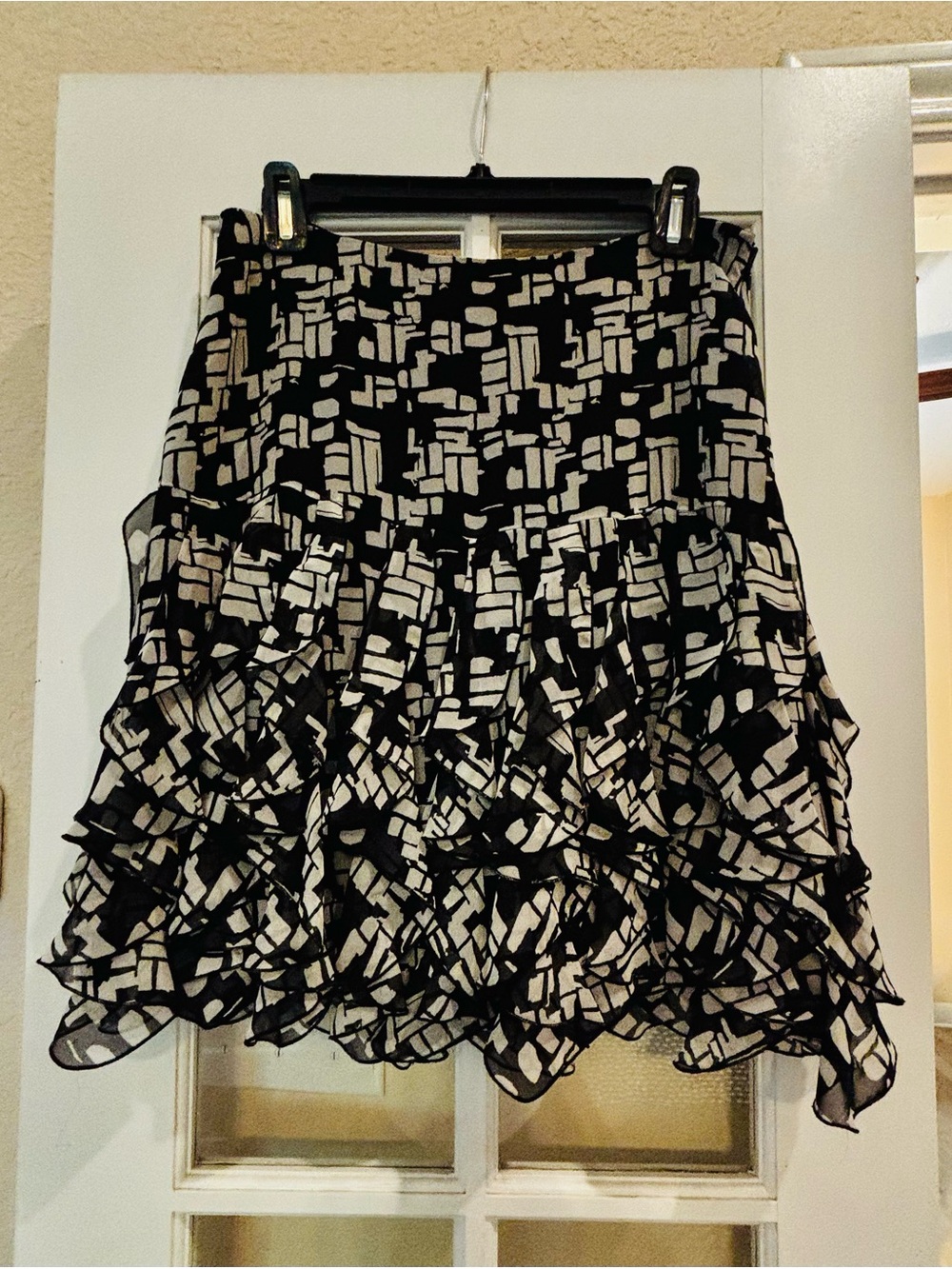 Alfani Black and Gray Geometric Ruffle Midi Skirt